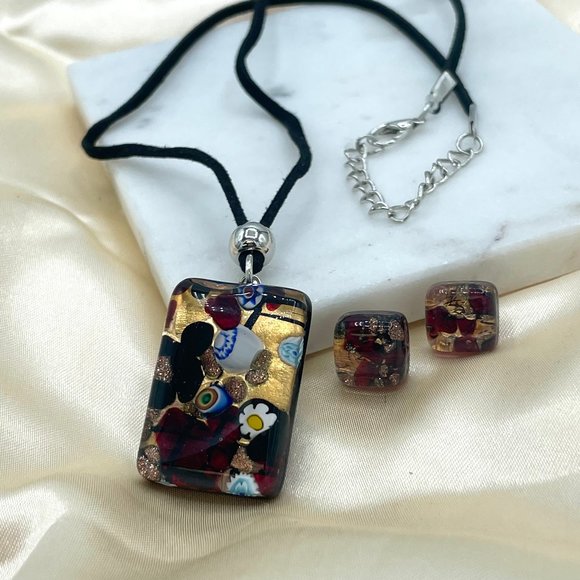 Italian Murano Glass set Necklace and Stud Earrings in Sterling Silver - Picture 1 of 5
